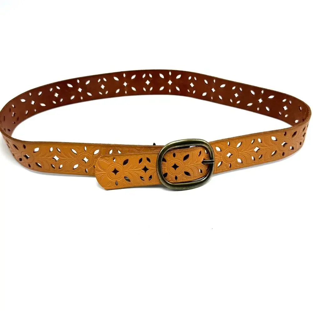 Fossil Boho Belt M 34 Tan Leather Tooled Pinwheel Cut Outs Western Hippie Y2K